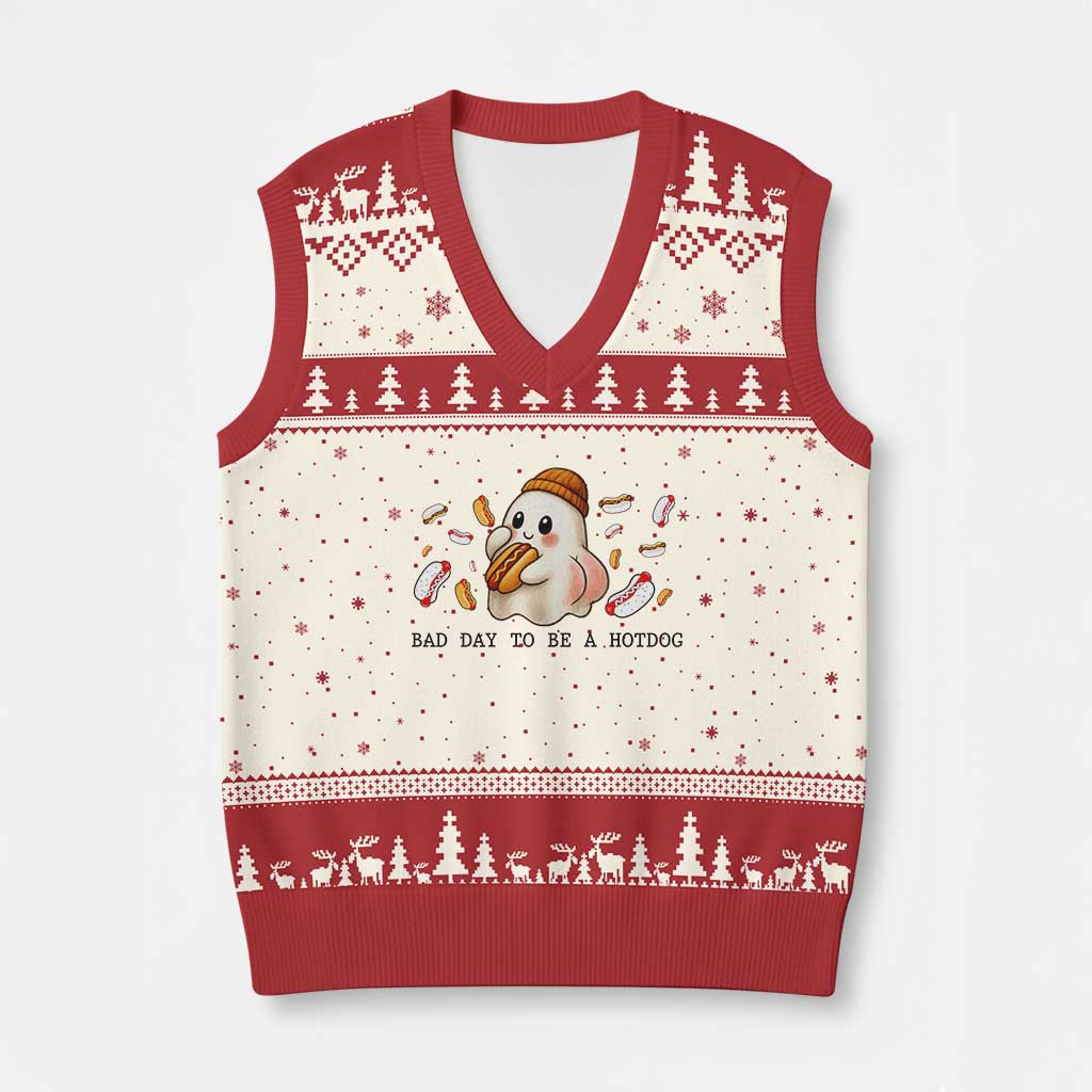Funny Hot Dog Ghost Halloween V-Neck Knit Sweater Vest Bad Day To Be A Hotdog - Wonder Print Shop