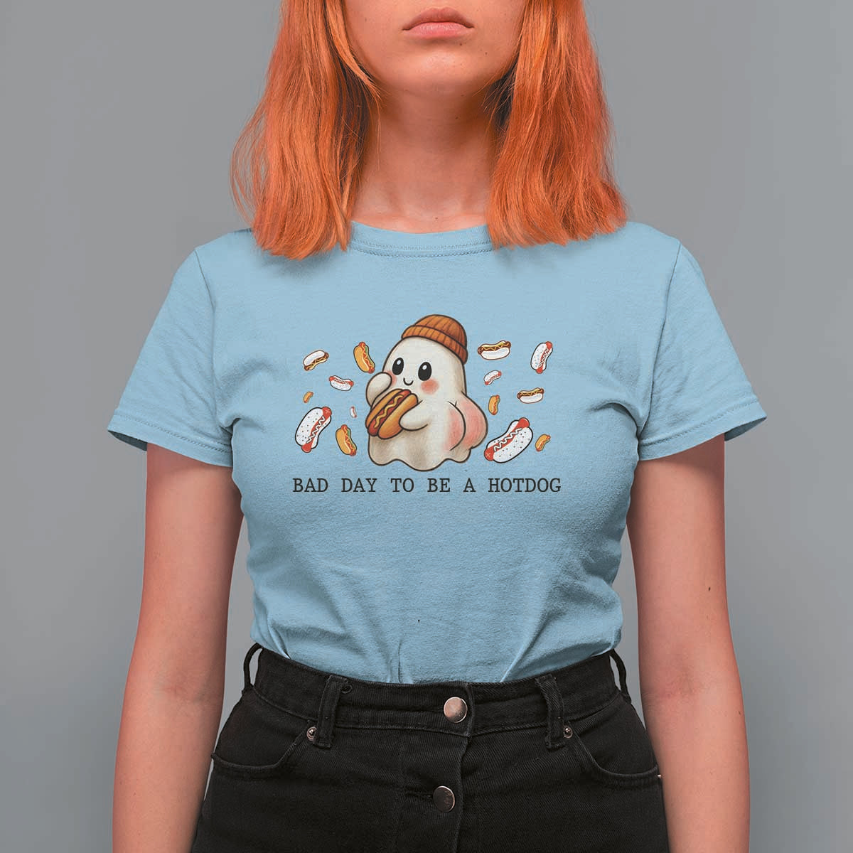 Funny Hot Dog Ghost Halloween T Shirt For Women Bad Day To Be A Hotdog - Wonder Print Shop