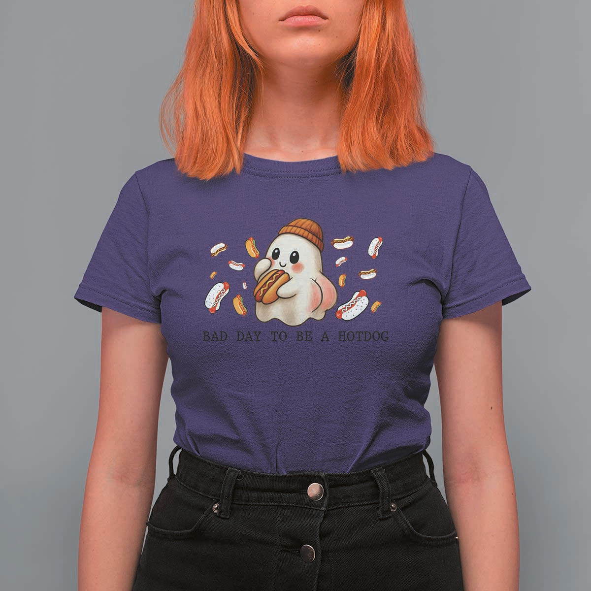Funny Hot Dog Ghost Halloween T Shirt For Women Bad Day To Be A Hotdog - Wonder Print Shop