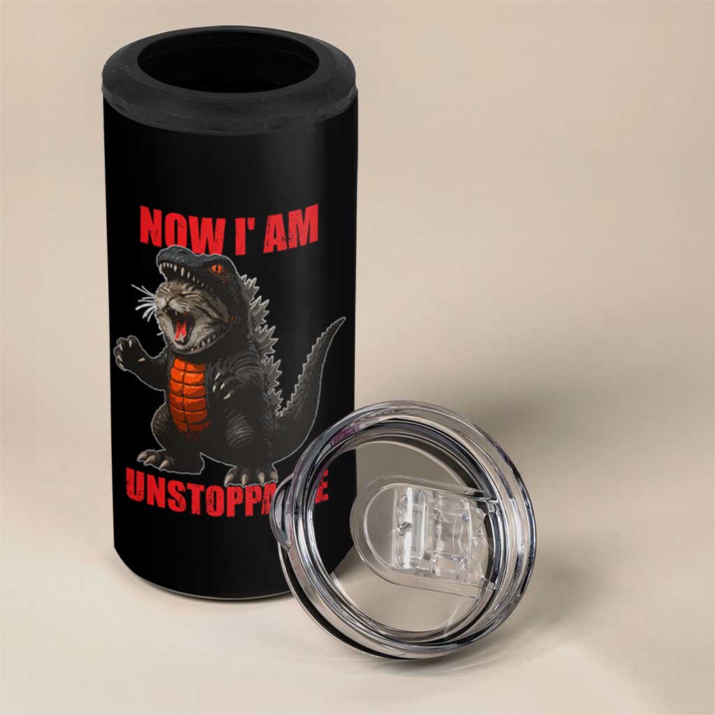 Now I Am Unstoppable 4 in 1 Can Cooler Tumbler Funny Cute Cat Catzilla - Wonder Print Shop