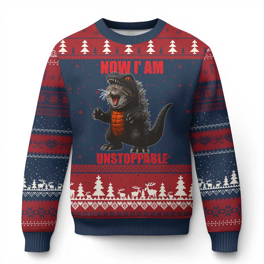 Now I Am Unstoppable Ugly Christmas Sweater Funny Cute Cat Catzilla - Wonder Print Shop