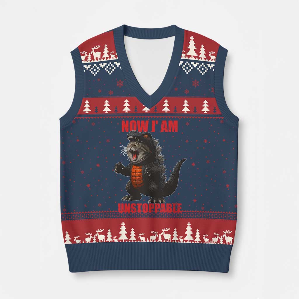 Now I Am Unstoppable V-Neck Knit Sweater Vest Funny Cute Cat Catzilla - Wonder Print Shop