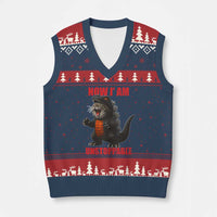 Now I Am Unstoppable V-Neck Knit Sweater Vest Funny Cute Cat Catzilla - Wonder Print Shop