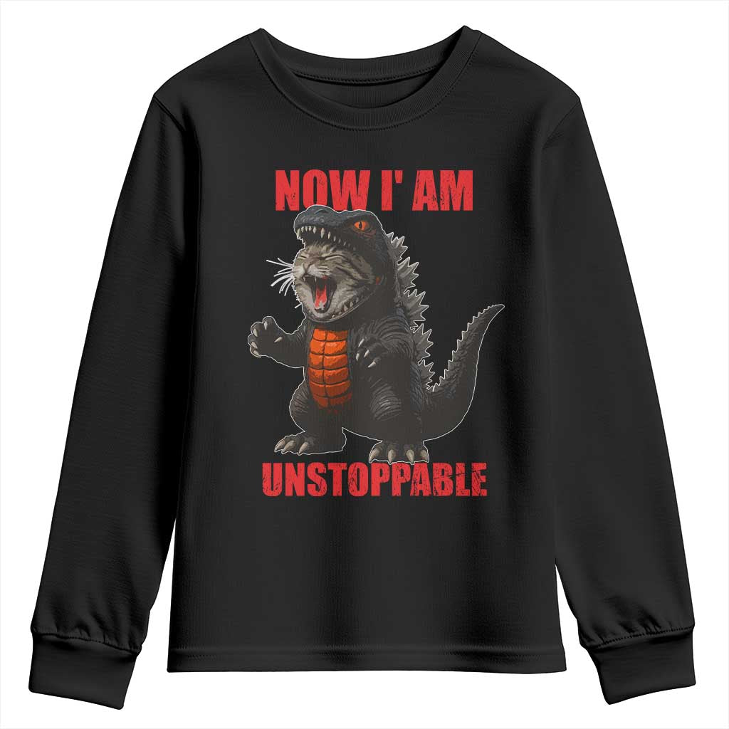 Now I Am Unstoppable Youth Sweatshirt Funny Cute Cat Catzilla - Wonder Print Shop