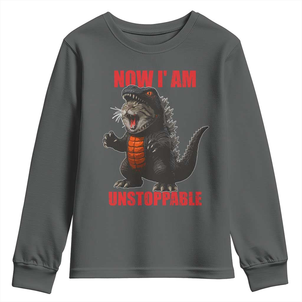 Now I Am Unstoppable Youth Sweatshirt Funny Cute Cat Catzilla - Wonder Print Shop