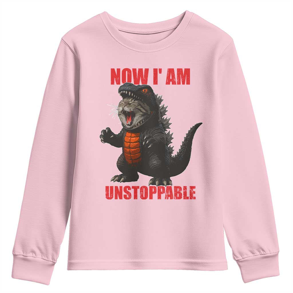 Now I Am Unstoppable Youth Sweatshirt Funny Cute Cat Catzilla - Wonder Print Shop