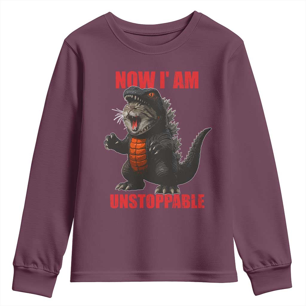 Now I Am Unstoppable Youth Sweatshirt Funny Cute Cat Catzilla - Wonder Print Shop