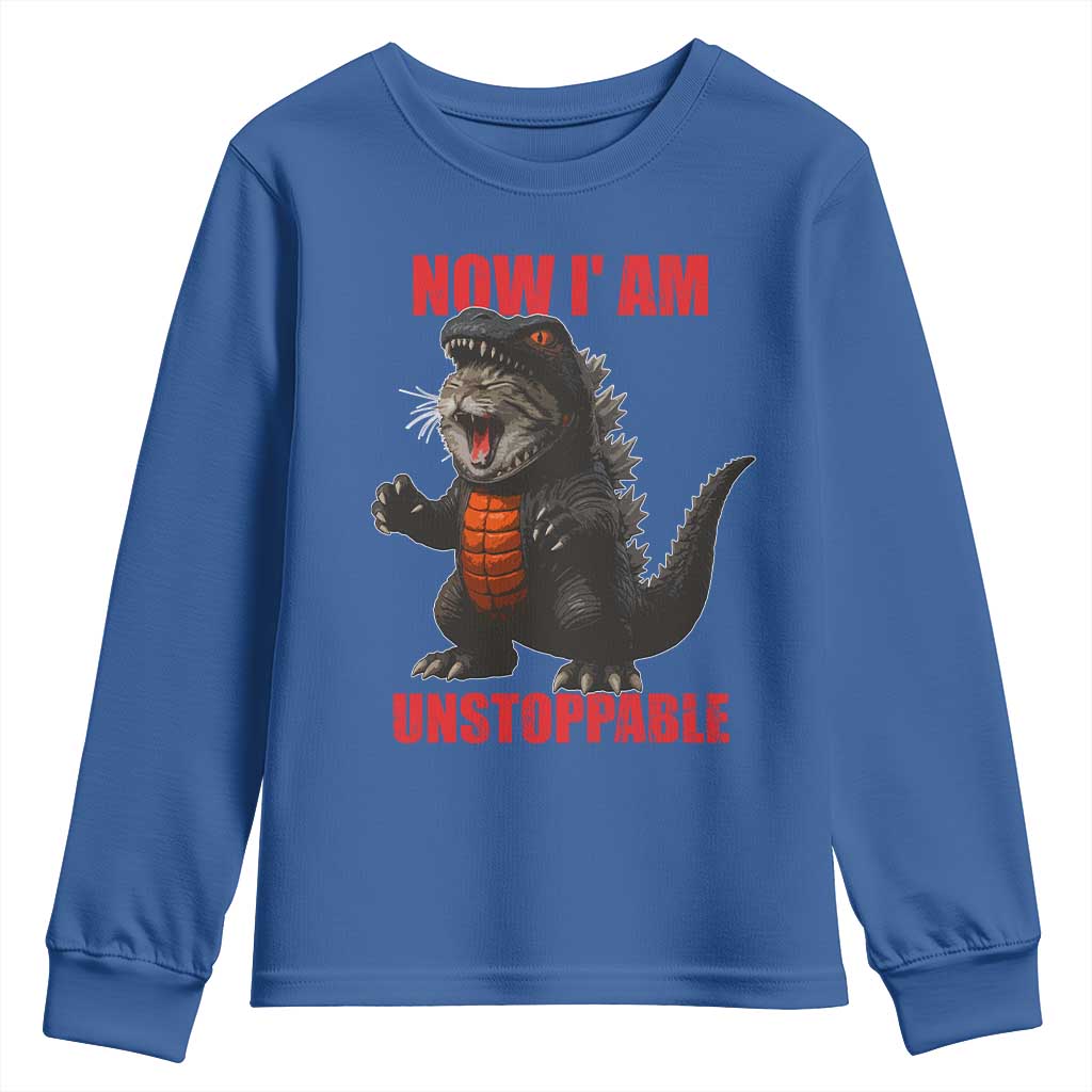 Now I Am Unstoppable Youth Sweatshirt Funny Cute Cat Catzilla - Wonder Print Shop