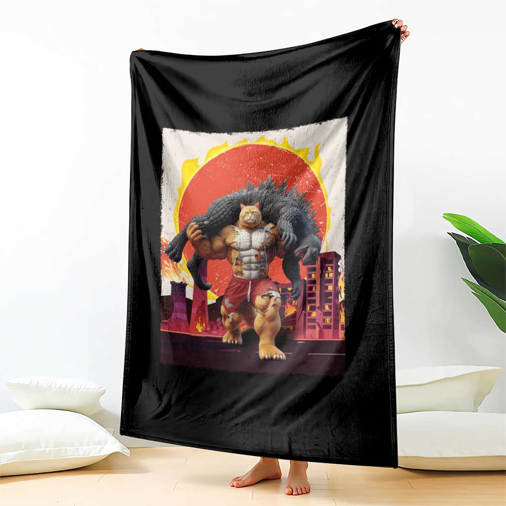 Catzilla Funny Cat Japanese Cityscape Throw Blanket - Wonder Print Shop