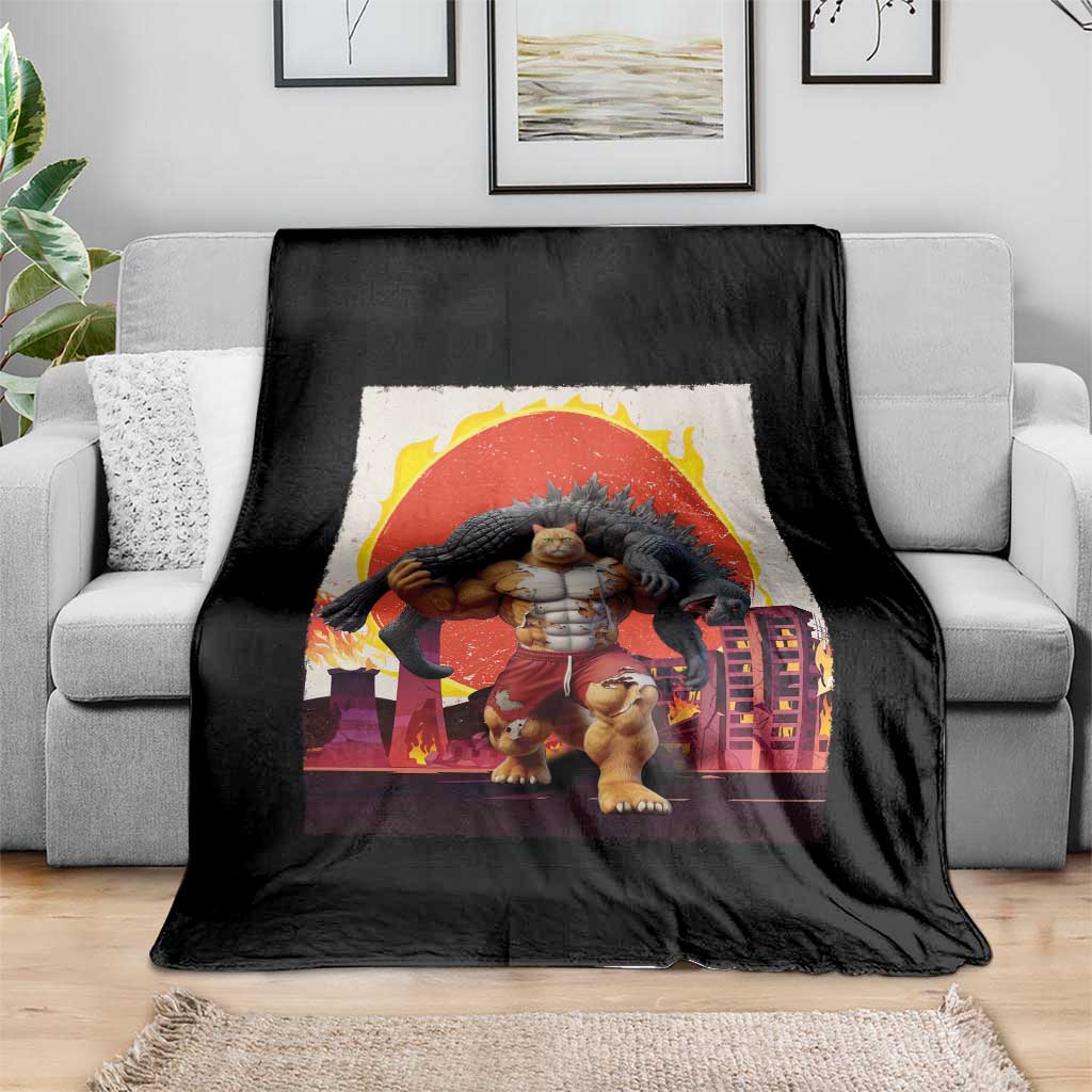 Catzilla Funny Cat Japanese Cityscape Throw Blanket - Wonder Print Shop