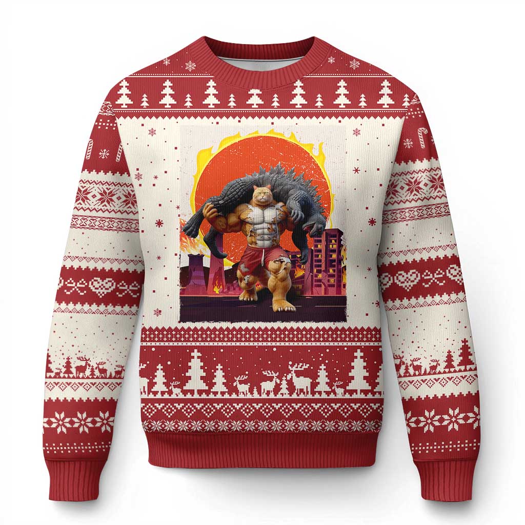 Catzilla Funny Cat Japanese Cityscape Ugly Christmas Sweater - Wonder Print Shop