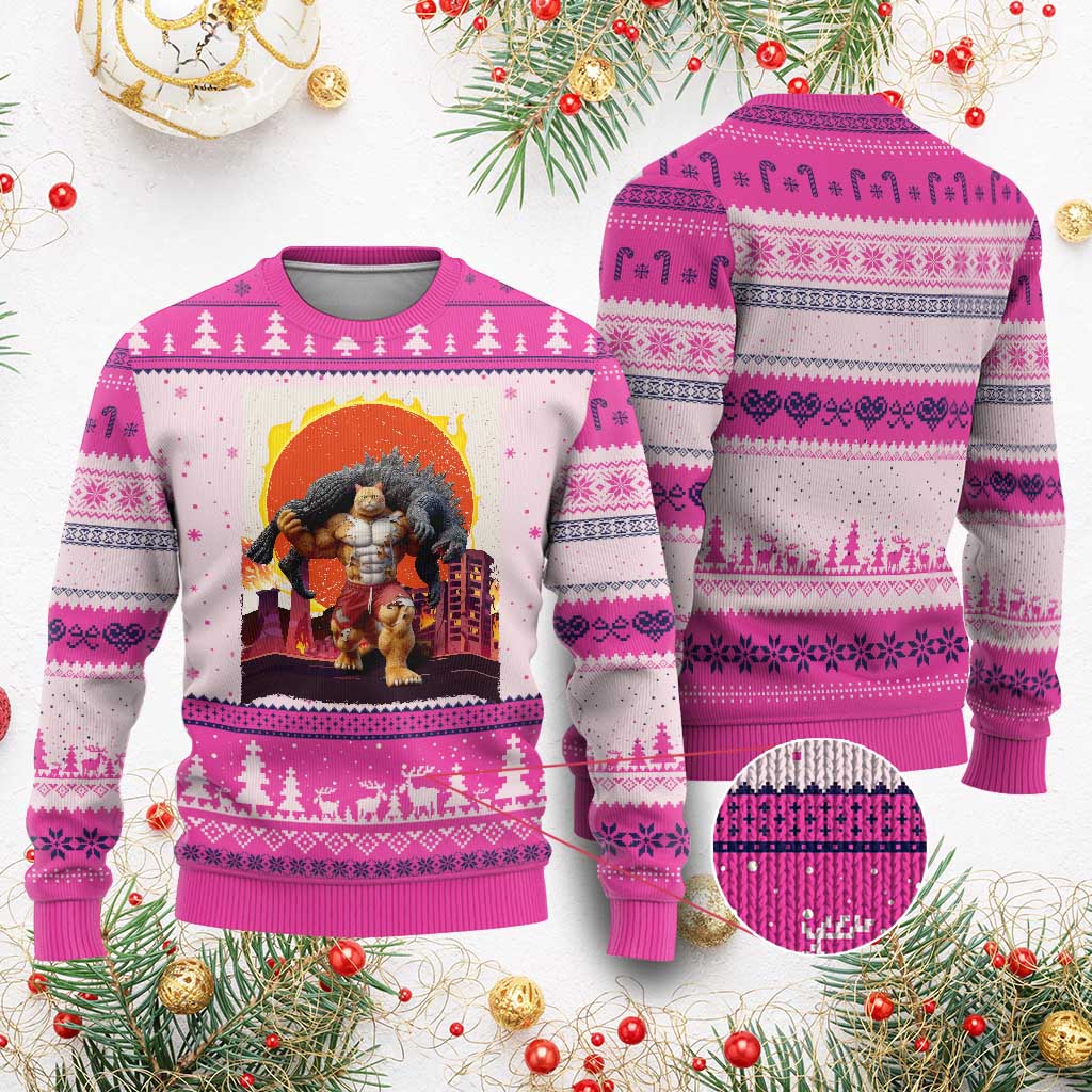 Catzilla Funny Cat Japanese Cityscape Ugly Christmas Sweater - Wonder Print Shop