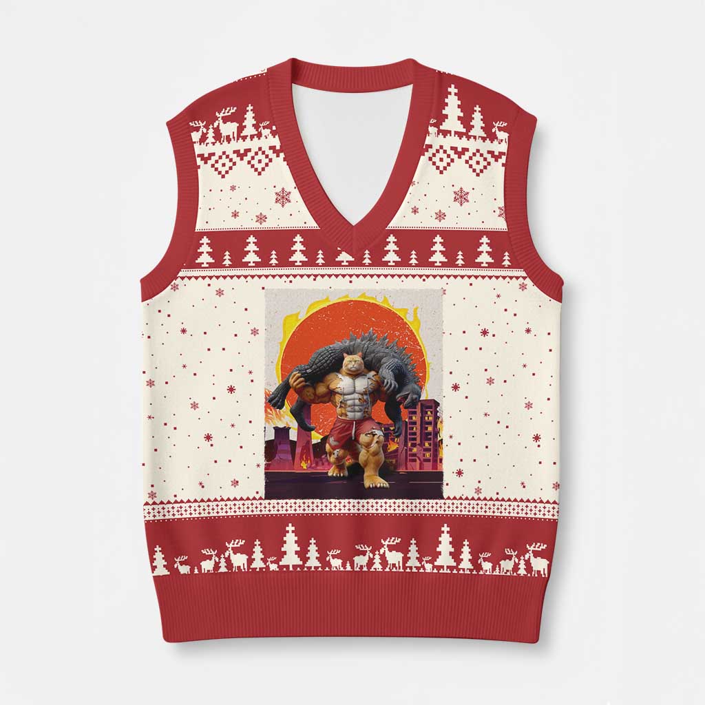 Catzilla Funny Cat Japanese Cityscape V-Neck Knit Sweater Vest - Wonder Print Shop