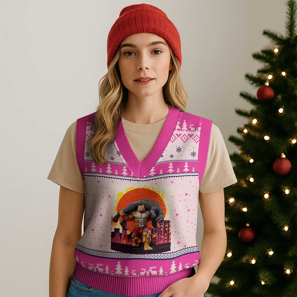 Catzilla Funny Cat Japanese Cityscape V-Neck Knit Sweater Vest - Wonder Print Shop