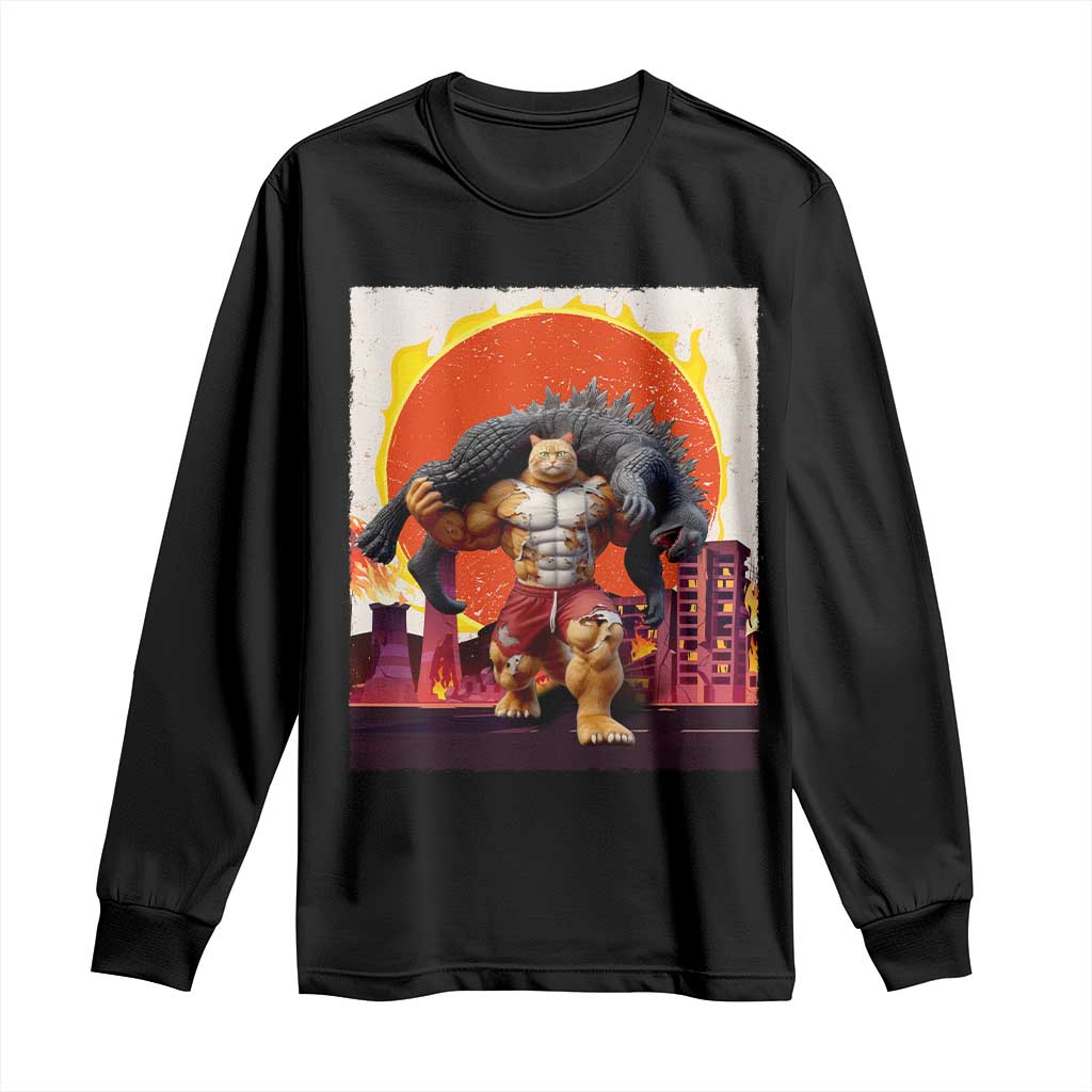 Catzilla Funny Cat Japanese Cityscape Long Sleeve Shirt - Wonder Print Shop