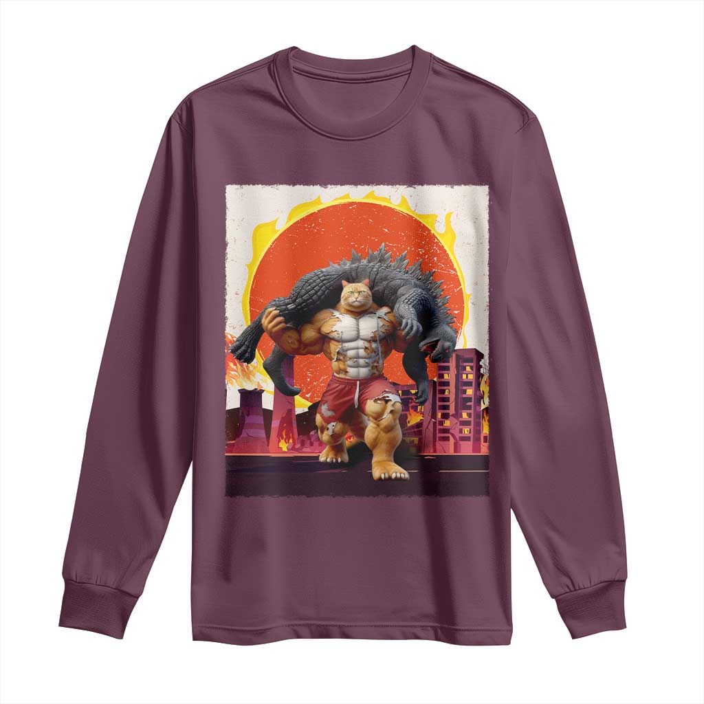 Catzilla Funny Cat Japanese Cityscape Long Sleeve Shirt - Wonder Print Shop
