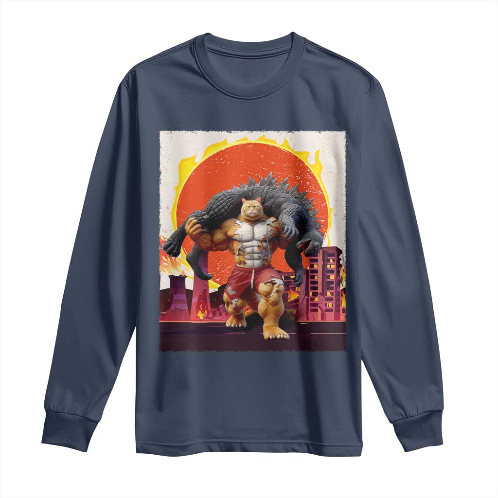 Catzilla Funny Cat Japanese Cityscape Long Sleeve Shirt - Wonder Print Shop