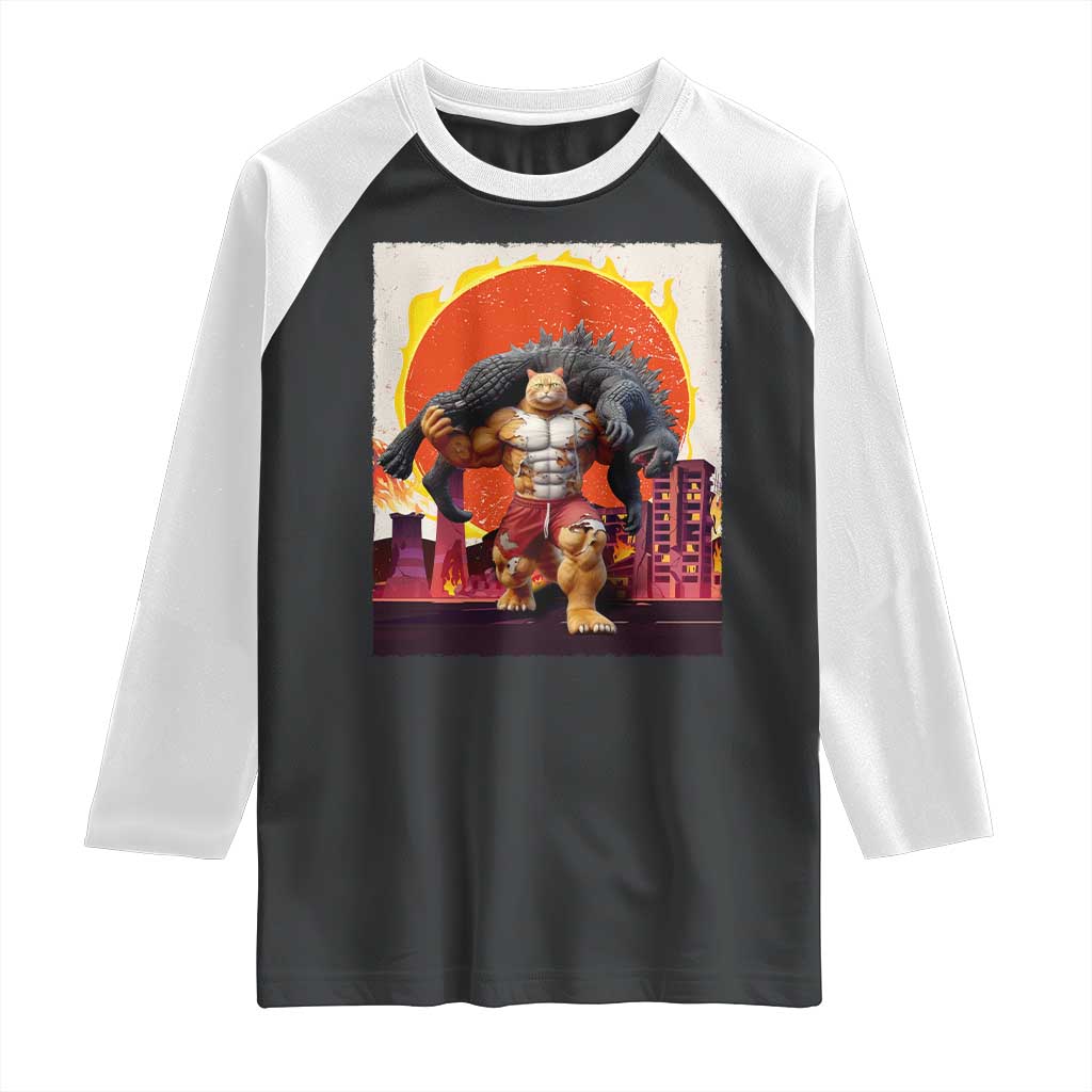 Catzilla Funny Cat Japanese Cityscape Raglan Shirt - Wonder Print Shop