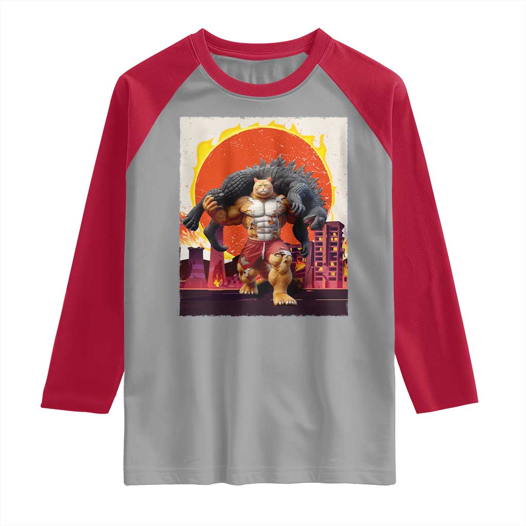Catzilla Funny Cat Japanese Cityscape Raglan Shirt - Wonder Print Shop