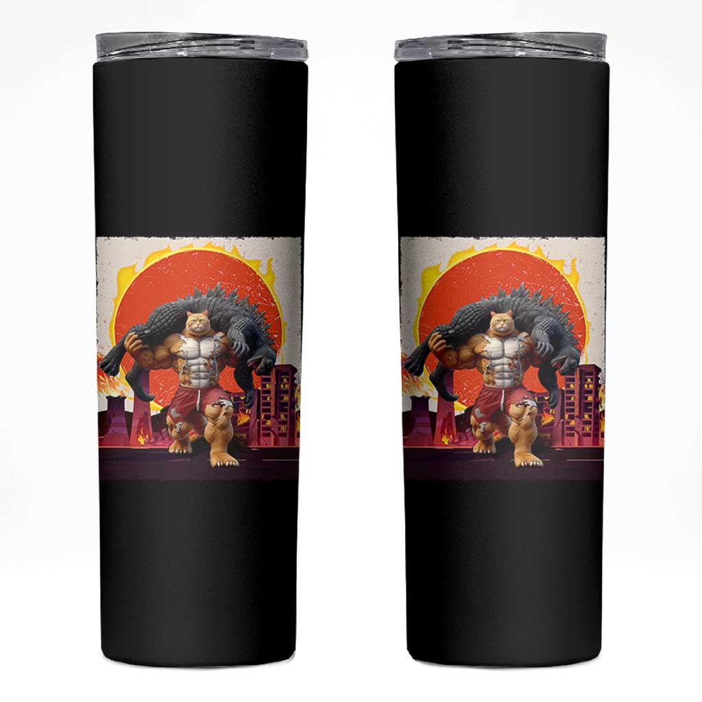 Catzilla Funny Cat Japanese Cityscape Skinny Tumbler - Wonder Print Shop