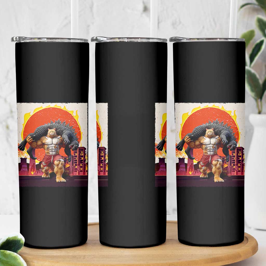 Catzilla Funny Cat Japanese Cityscape Skinny Tumbler - Wonder Print Shop