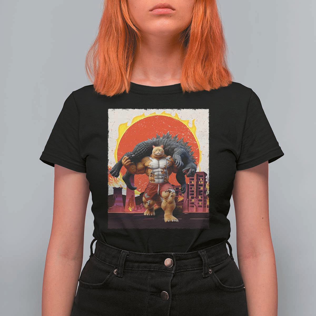 Catzilla Funny Cat Japanese Cityscape T Shirt For Women - Wonder Print Shop