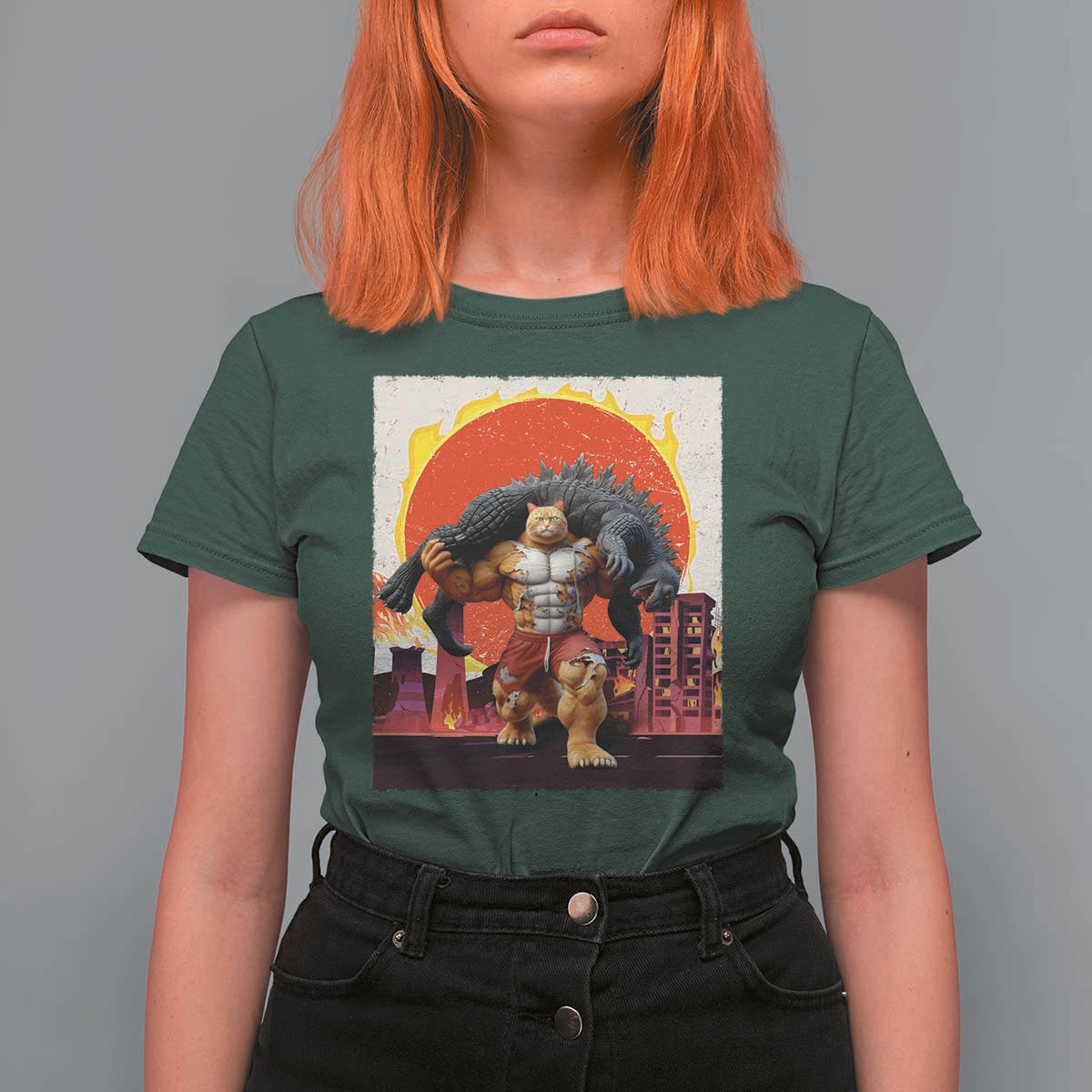 Catzilla Funny Cat Japanese Cityscape T Shirt For Women - Wonder Print Shop