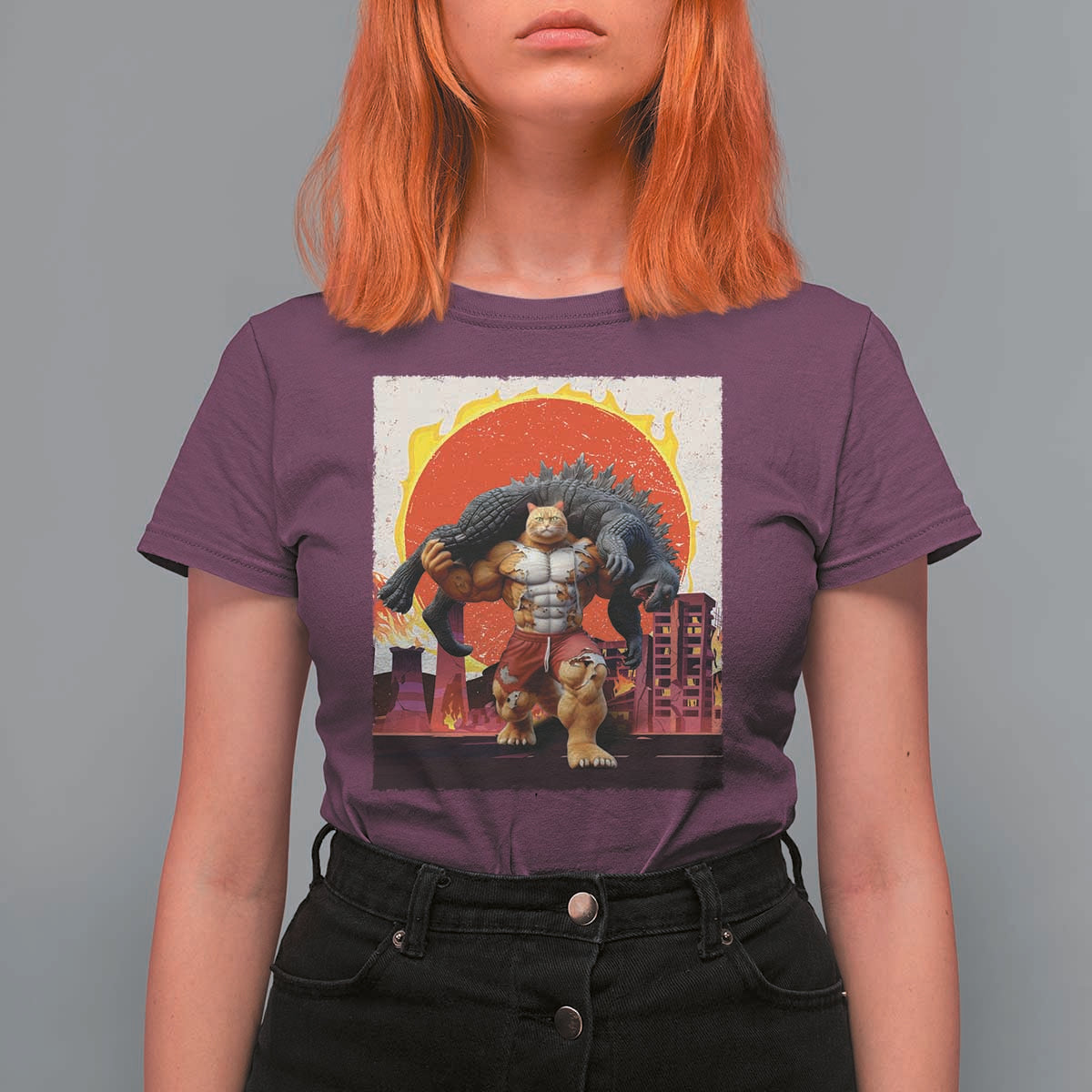 Catzilla Funny Cat Japanese Cityscape T Shirt For Women - Wonder Print Shop