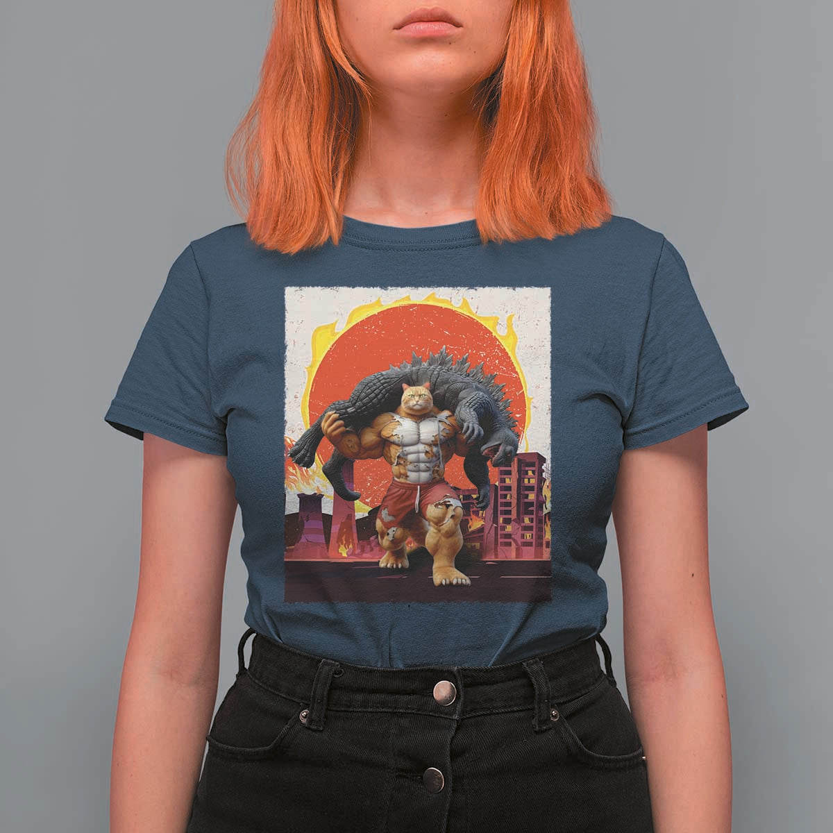 Catzilla Funny Cat Japanese Cityscape T Shirt For Women - Wonder Print Shop