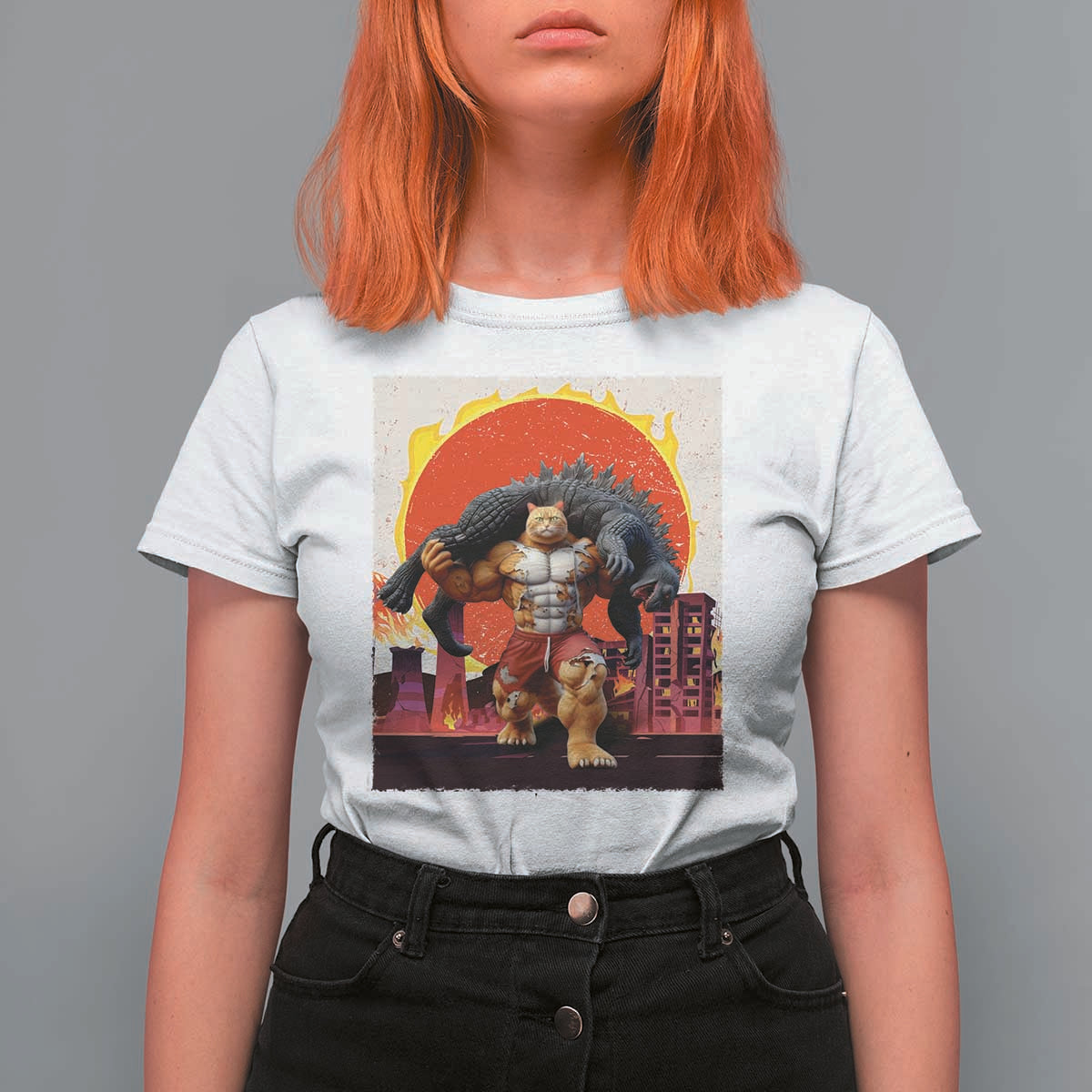 Catzilla Funny Cat Japanese Cityscape T Shirt For Women - Wonder Print Shop
