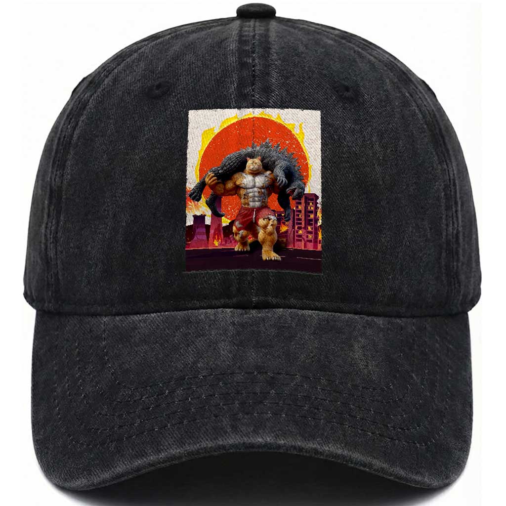 Japanese Kaiju Cat Cityscape Meme Washed Cotton Baseball Cap
