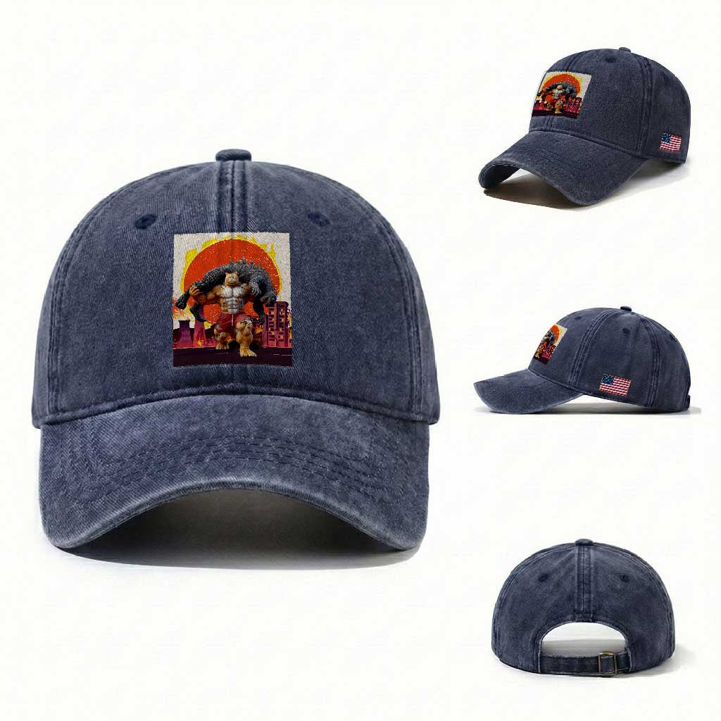 Japanese Kaiju Cat Cityscape Meme Washed Cotton Baseball Cap