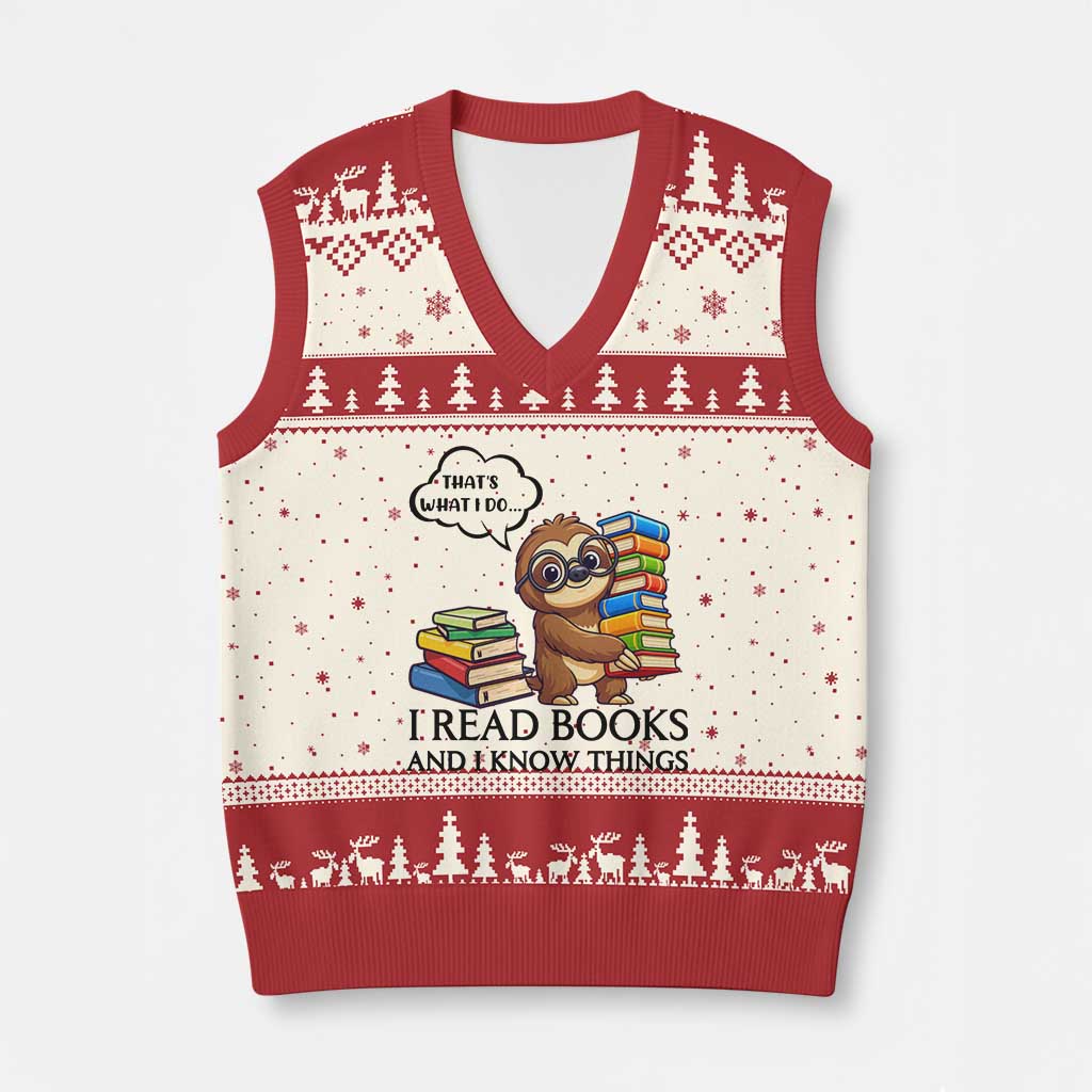 That Is What I Do I Read Books V-Neck Knit Sweater Vest Funny Sloth Book Lover - Wonder Print Shop