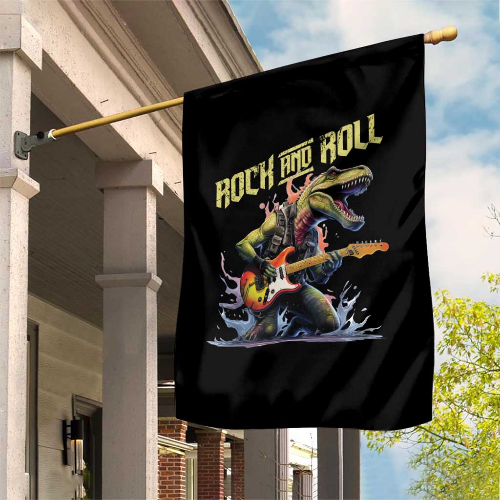 Rock And Roll Garden Flag Funny Dionasaur Playing Guitar - Wonder Print Shop
