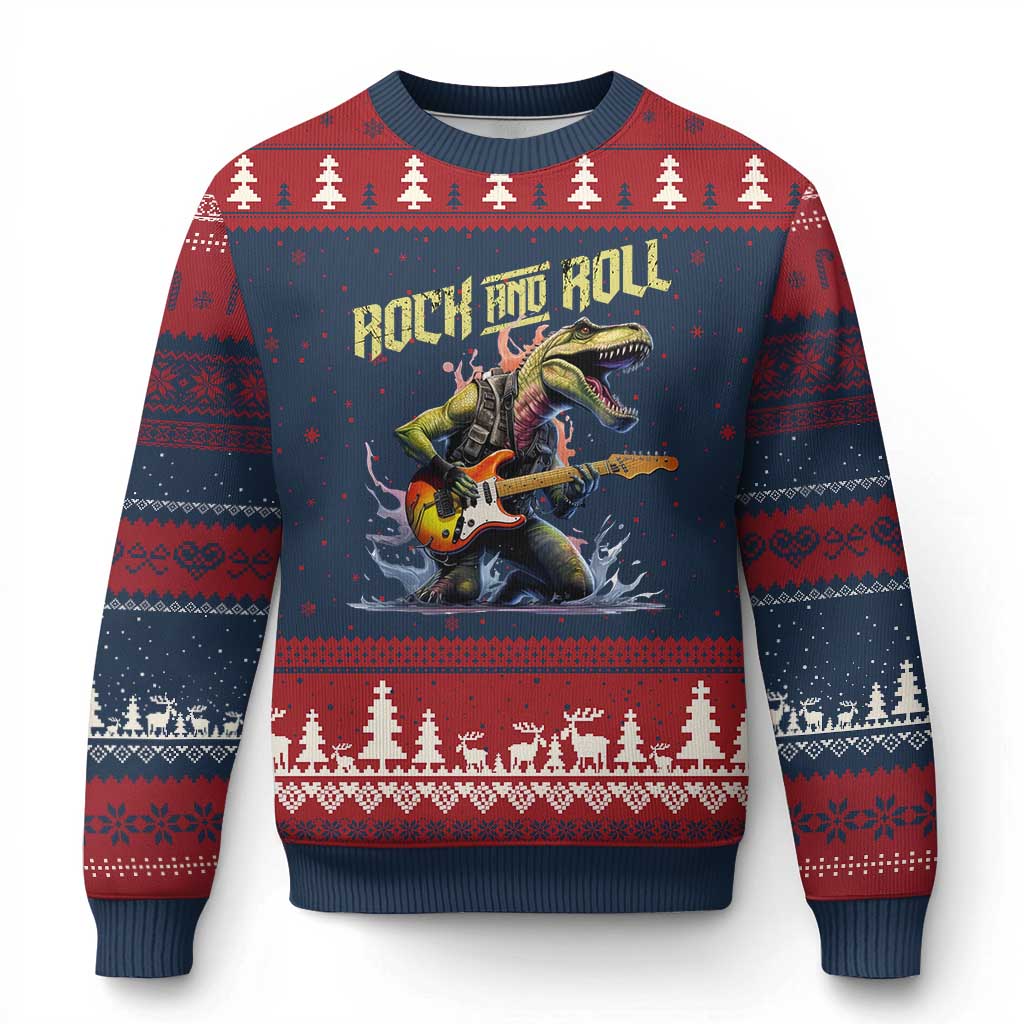Rock And Roll Ugly Christmas Sweater Funny Dionasaur Playing Guitar - Wonder Print Shop