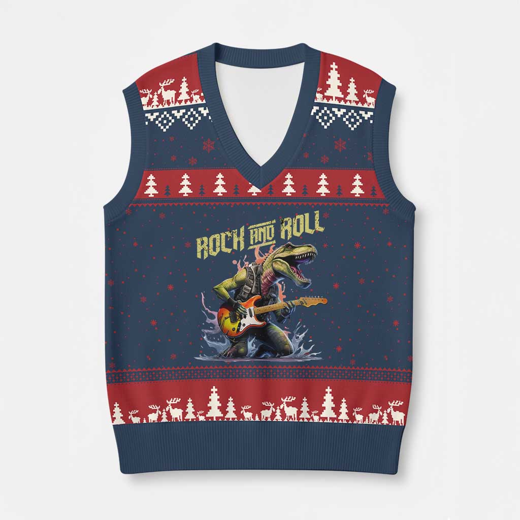 Rock And Roll V-Neck Knit Sweater Vest Funny Dionasaur Playing Guitar - Wonder Print Shop