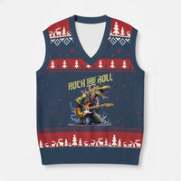 Rock And Roll V-Neck Knit Sweater Vest Funny Dionasaur Playing Guitar - Wonder Print Shop