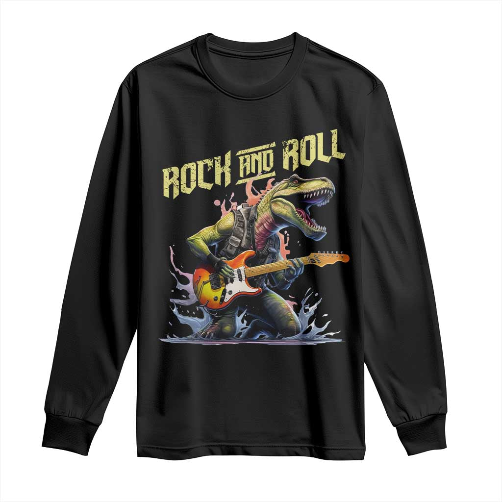 Rock And Roll Long Sleeve Shirt Funny Dionasaur Playing Guitar - Wonder Print Shop