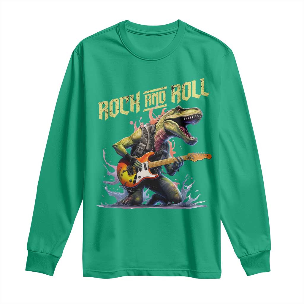 Rock And Roll Long Sleeve Shirt Funny Dionasaur Playing Guitar - Wonder Print Shop
