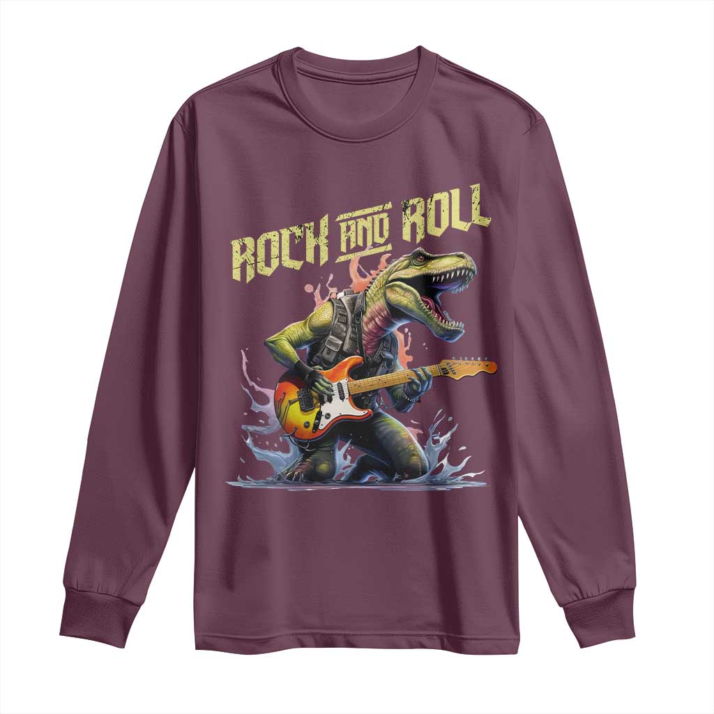 Rock And Roll Long Sleeve Shirt Funny Dionasaur Playing Guitar - Wonder Print Shop