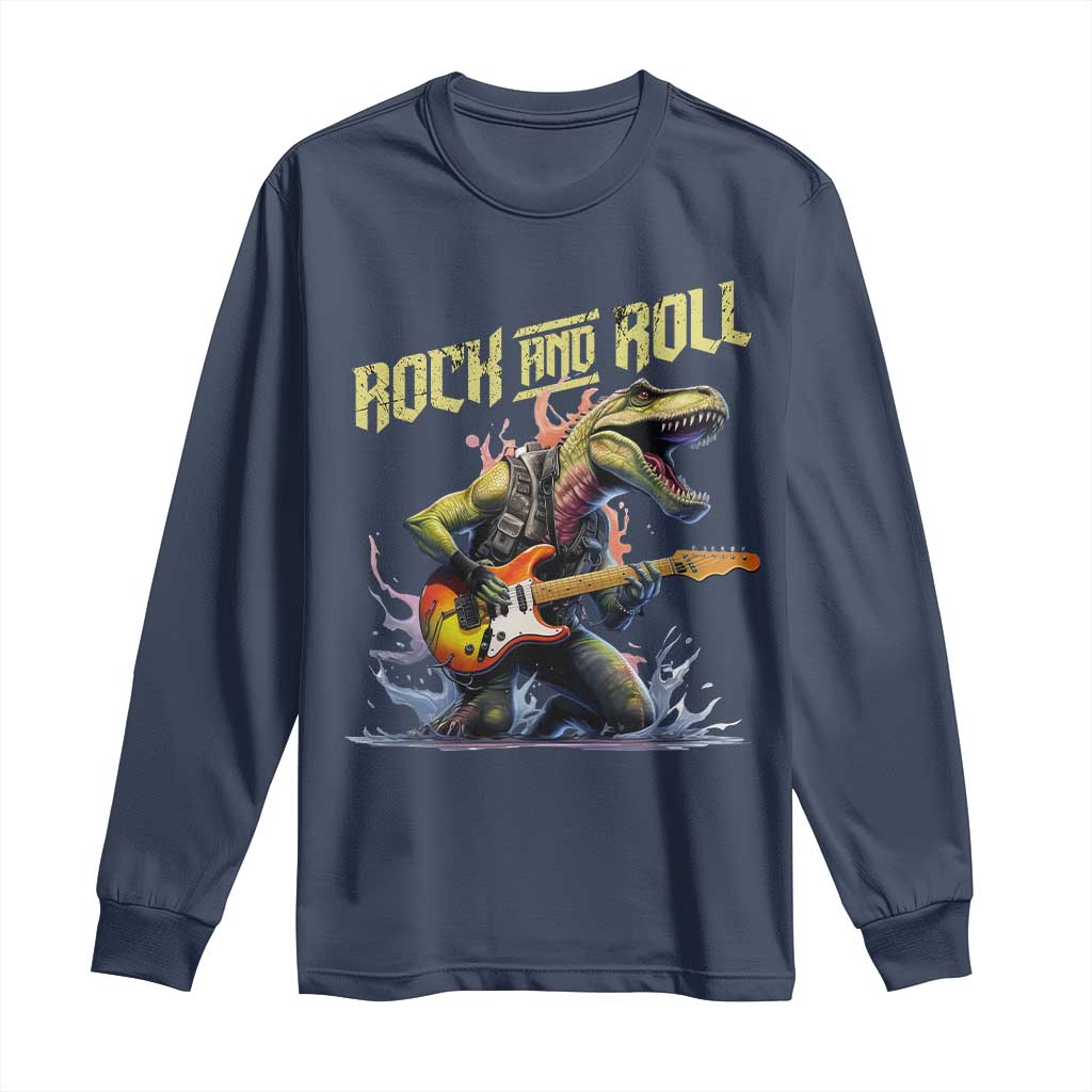 Rock And Roll Long Sleeve Shirt Funny Dionasaur Playing Guitar - Wonder Print Shop
