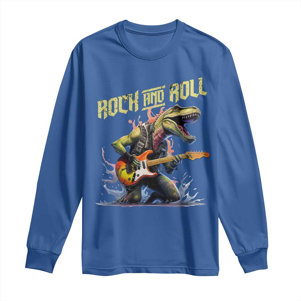 Rock And Roll Long Sleeve Shirt Funny Dionasaur Playing Guitar - Wonder Print Shop