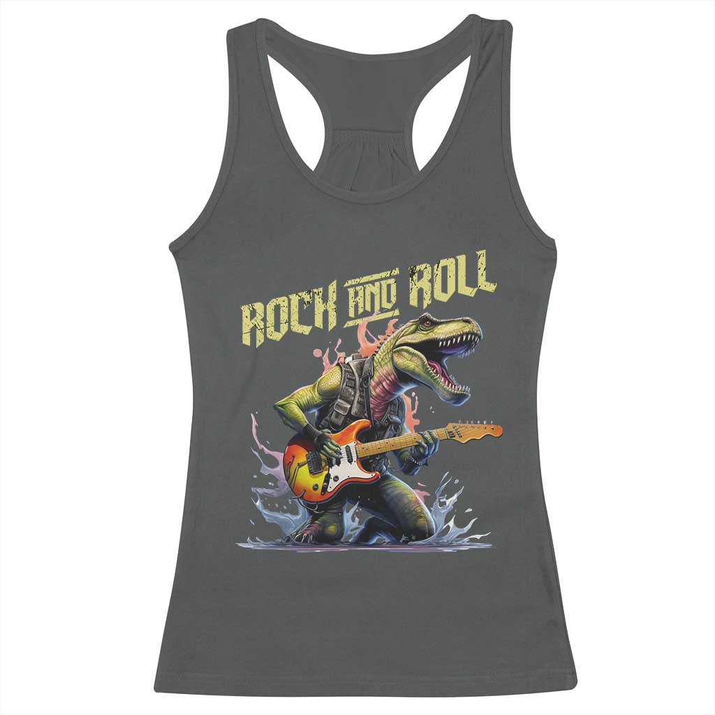 Rock And Roll Racerback Tank Top Funny Dionasaur Playing Guitar - Wonder Print Shop