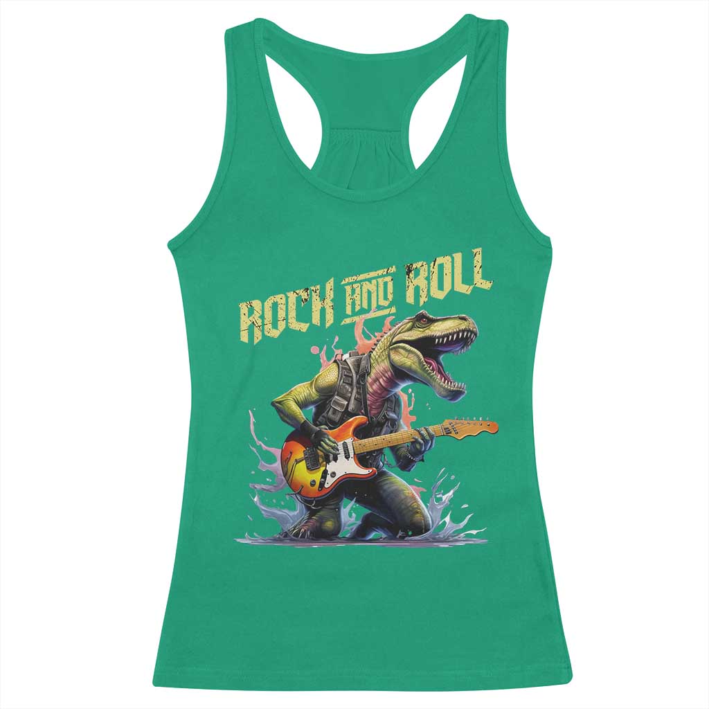 Rock And Roll Racerback Tank Top Funny Dionasaur Playing Guitar - Wonder Print Shop