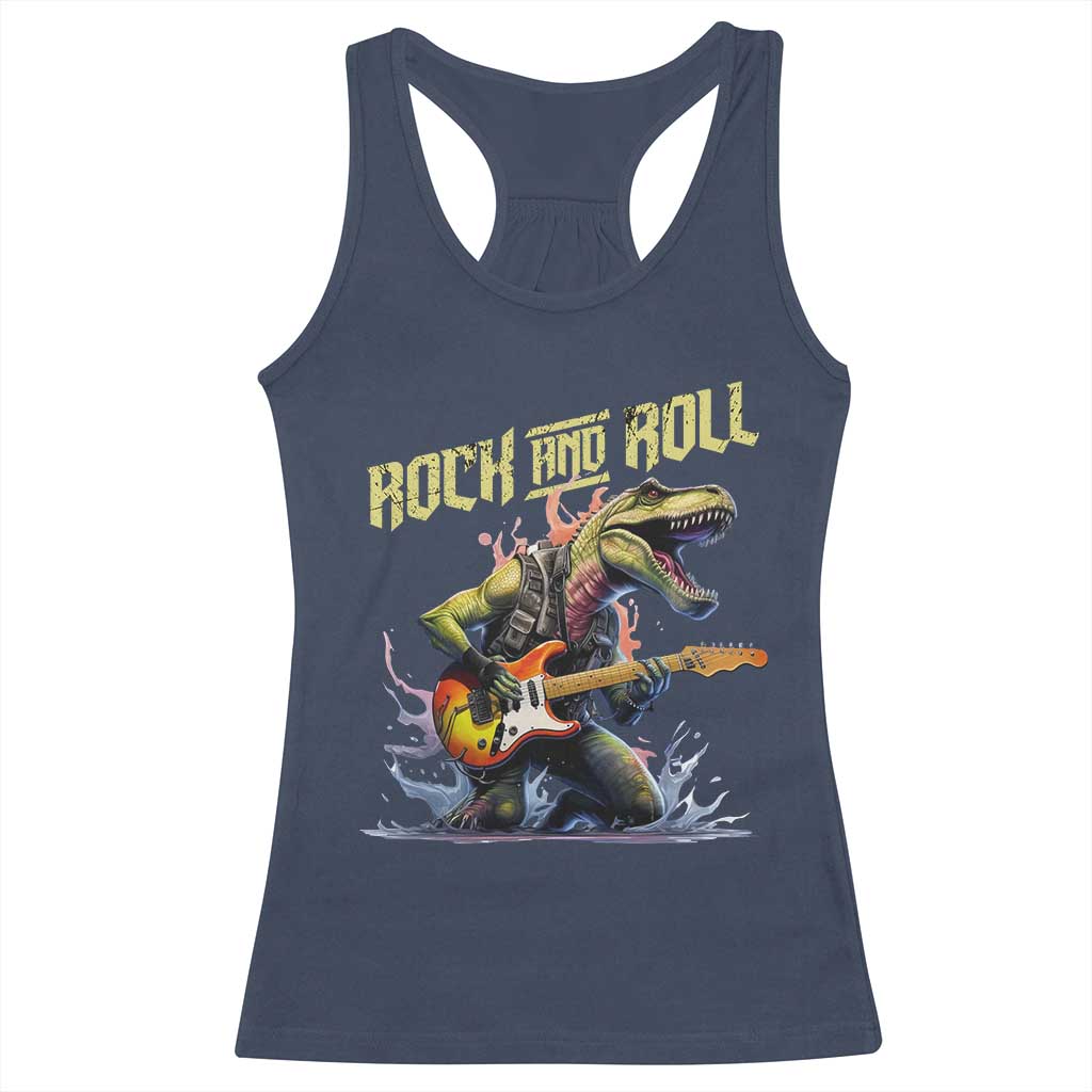 Rock And Roll Racerback Tank Top Funny Dionasaur Playing Guitar - Wonder Print Shop