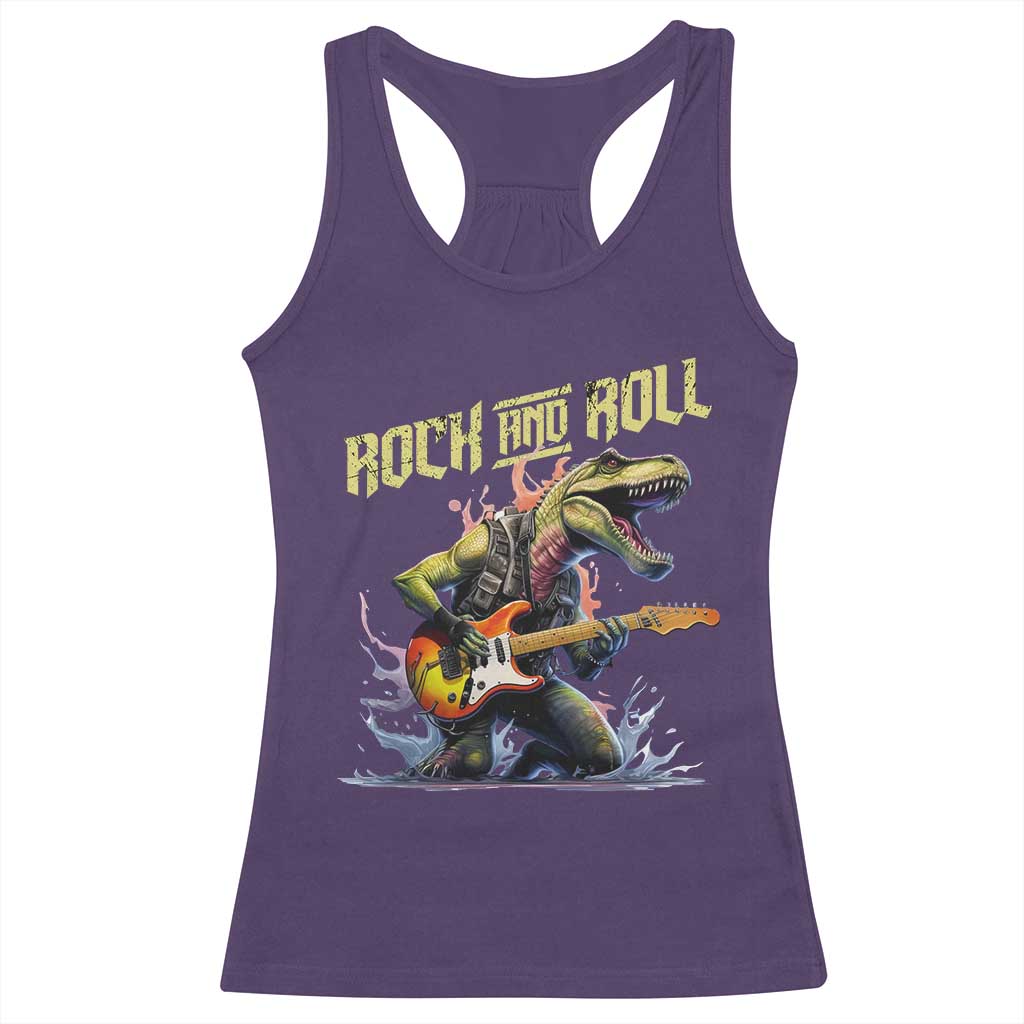 Rock And Roll Racerback Tank Top Funny Dionasaur Playing Guitar - Wonder Print Shop