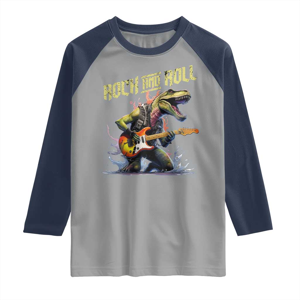Rock And Roll Raglan Shirt Funny Dionasaur Playing Guitar - Wonder Print Shop
