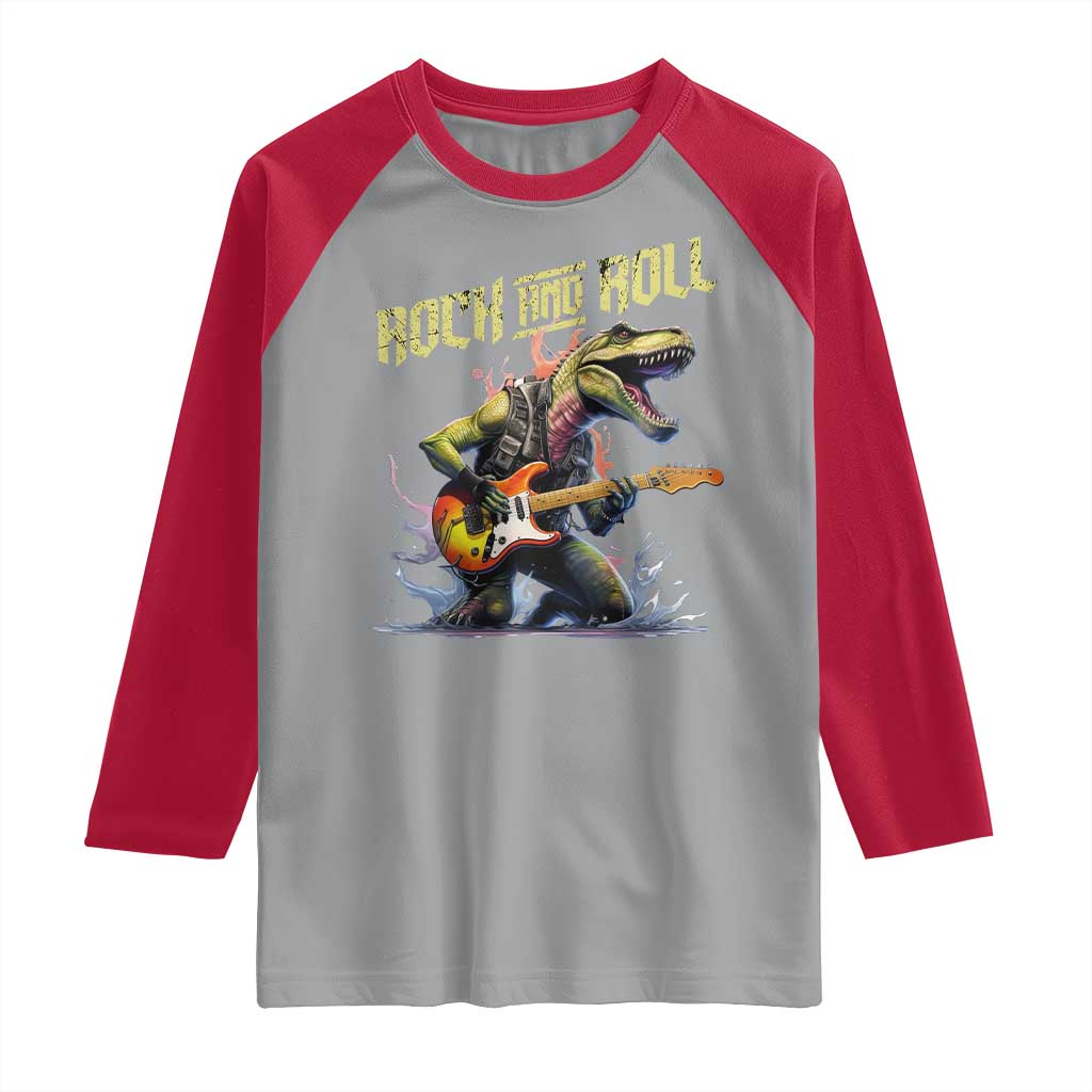 Rock And Roll Raglan Shirt Funny Dionasaur Playing Guitar - Wonder Print Shop
