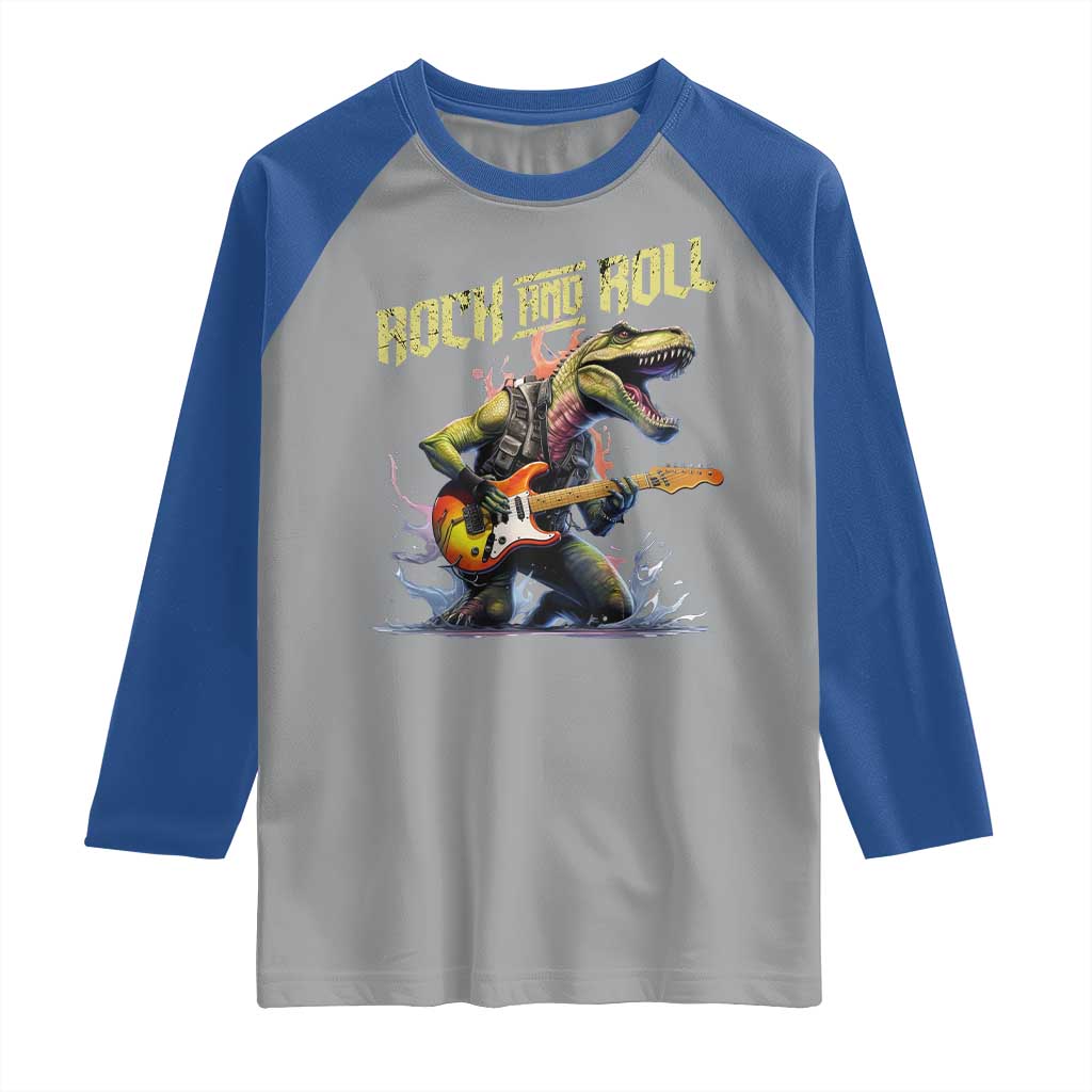 Rock And Roll Raglan Shirt Funny Dionasaur Playing Guitar - Wonder Print Shop