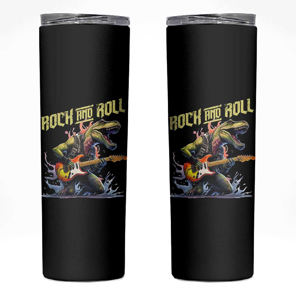 Rock And Roll Skinny Tumbler Funny Dionasaur Playing Guitar - Wonder Print Shop